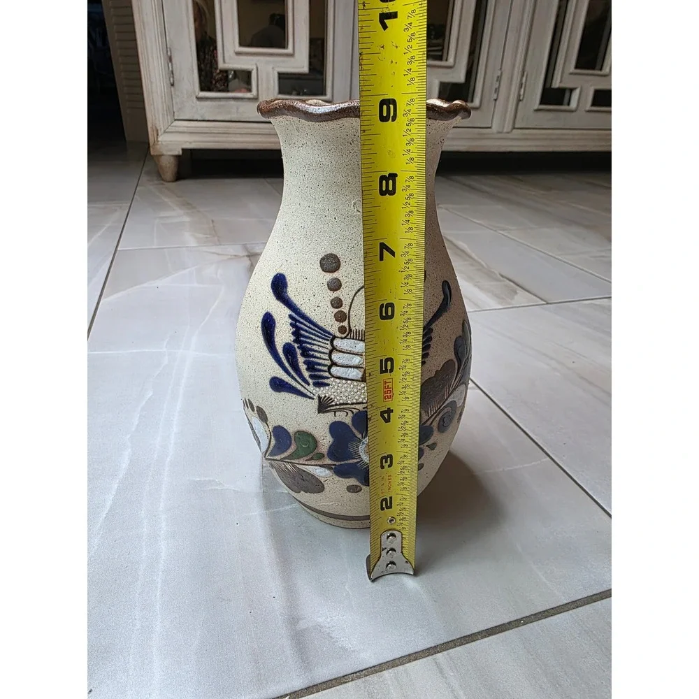 Vintage Tonala Mexican Pottery Vase Hand Painted Bird Floral Scalloped‎ 9.25
